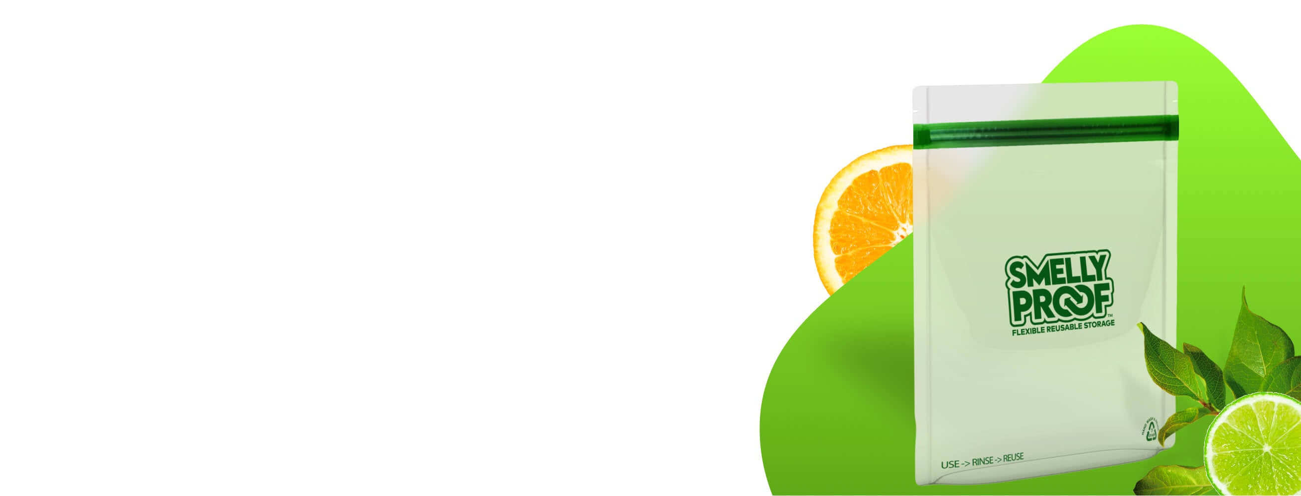 Smell Proof Ziplock Bags for Sale That Are Reusable On a Green Background with Lime and Orange Around It